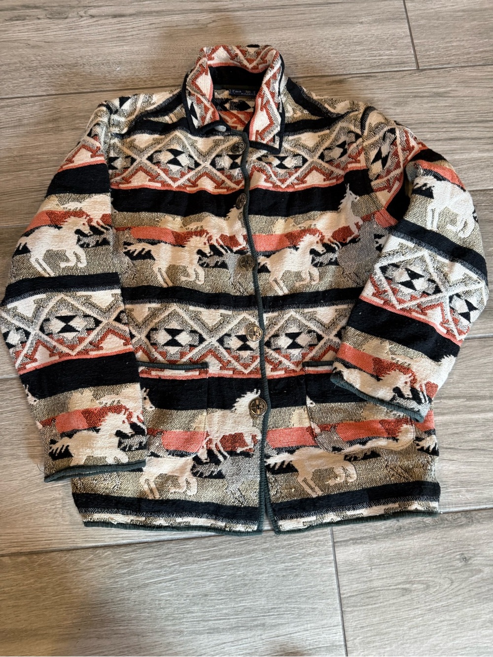 Vintage Jane Ashley Aztec Horse Jacquard Cardigan in Cream, Rust & Black